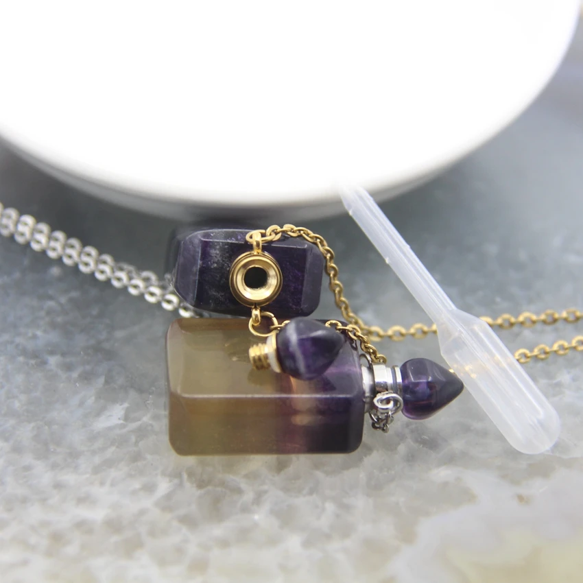 Rainbow Fluorite Rectangle Perfume Bottle Pendants Necklace,Golded/Silvery Chains,Natural Quartz Essential Oil Diffuser Vial
