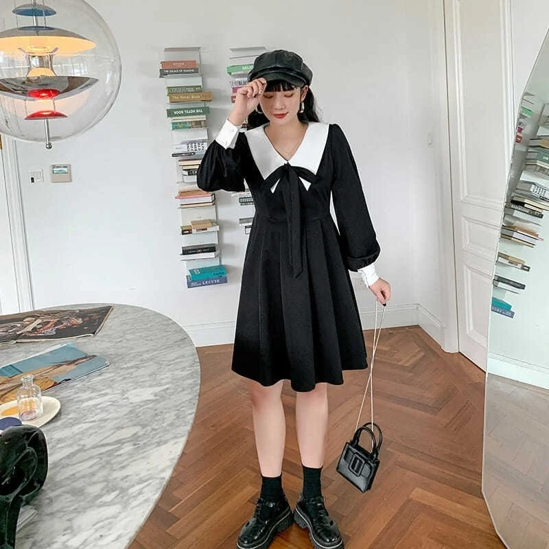 

Long Sleeve Dress Women Patchwork Leisure Lantern Sleeves Plus Size 4XL Loose Bow Elegant Streetwear Vintage n Style Party