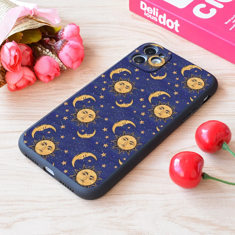 

For iPhone Vintage Moon And Sun Stars Celestial Print Soft Matt Apple Case