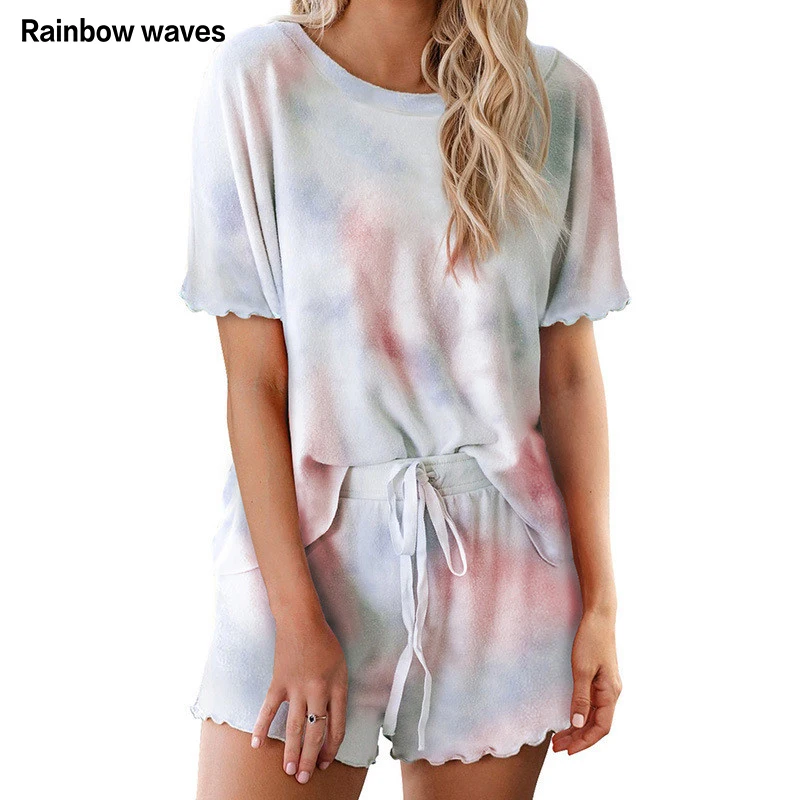 

Rainbowwaves Women Pajamas Set Tie Dye Colorful Knitted Pullover Short Sleeve T-shirts and Shorts Sleepwear Home Clothes
