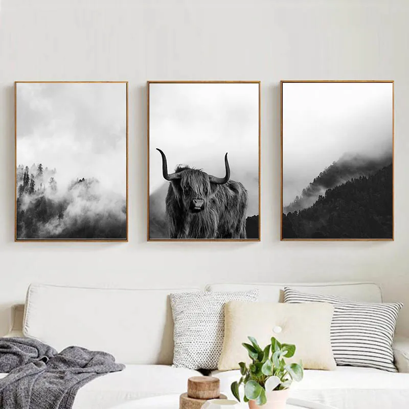 Скандинавские пейзажные постеры черно белые художественные туманные горы