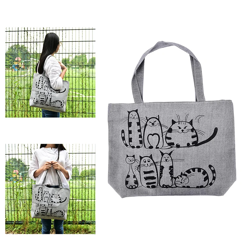 

1pc 30*40cm Cat Shopping Tote Bag Big Canvas Handbag Shoulder Crossbody Bag Portable