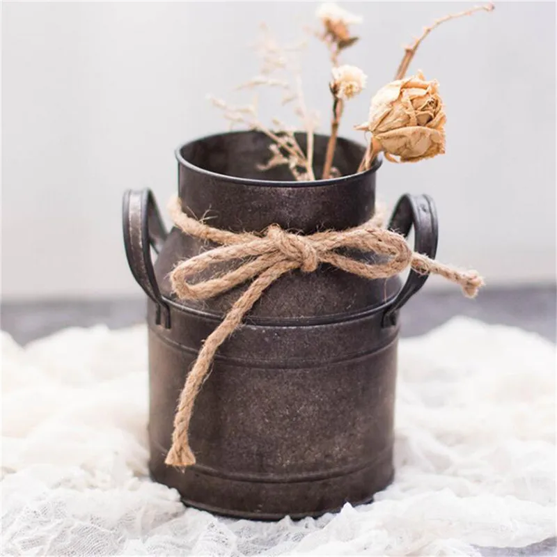 

Retro Iron Flower Pot with Rope Holder Flower Vase Flowerpot Bonsai Bucket Wedding Decoration Photography Props Garden Tool