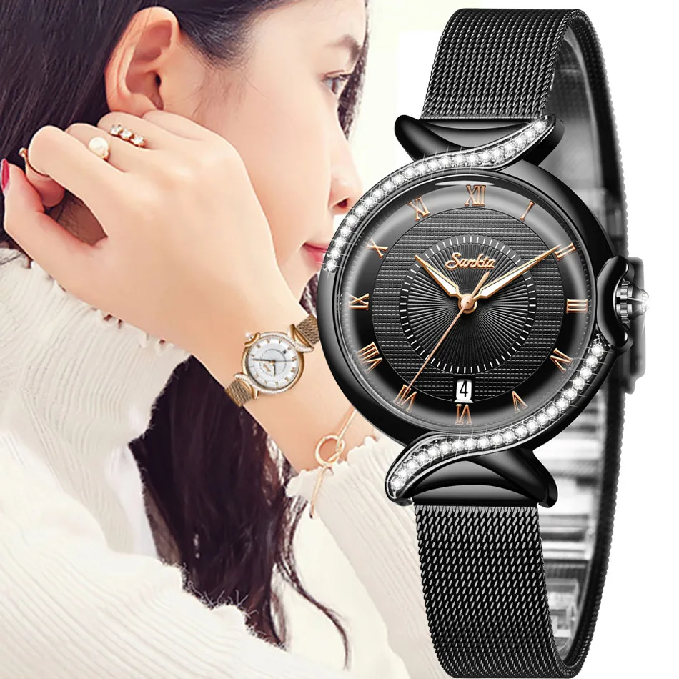 Часы наручные SUNKTA женские кварцевые модные деловые водонепроницаемые из