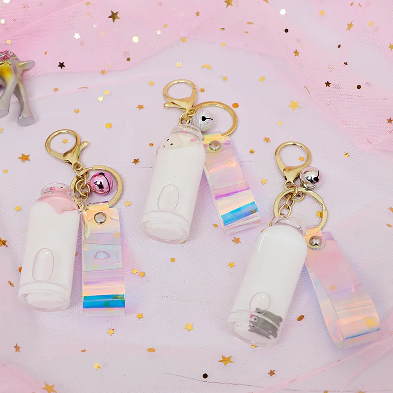 

Kawaii Floating Quicksand Bottle Keychain Liquid Milk Small Pig Glass Keyring Children Gift Bag Car Holder Key Pendant Hot