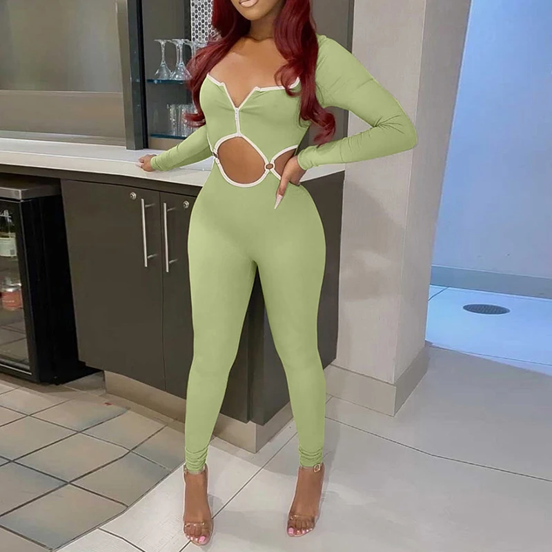 

hirigin Solid Green Long Sleeve v-Neck Slim Jumpsuits Women Sexy Hollow Out 1 Piece Overalls Autumn 2021 Party Club Rompers