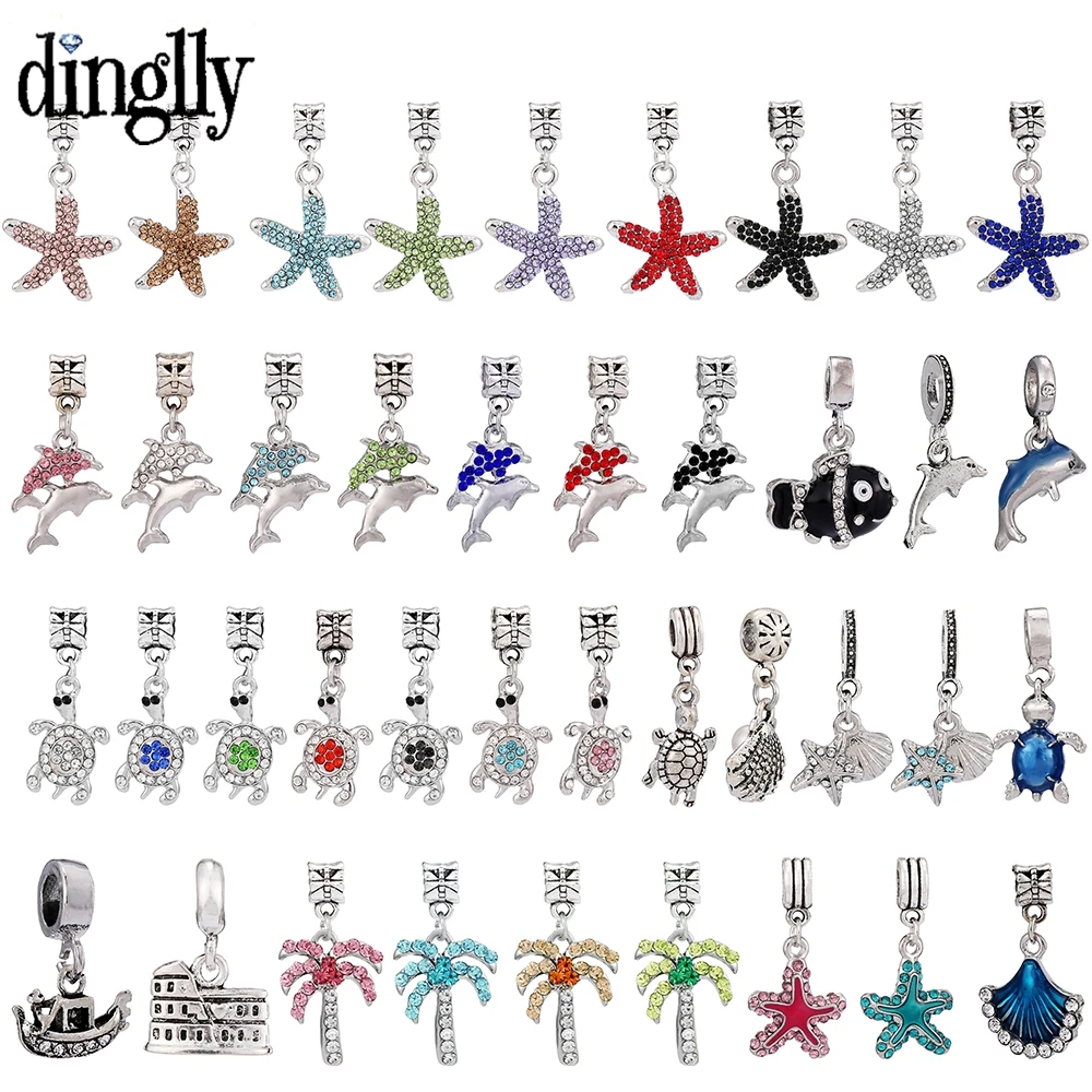 

Dinglly Ocean Style Beads Starfish Dolphin Turtle Pendant Crystal Scallop Dangle Charm Fit Original Bracelets Jewelry Accessory