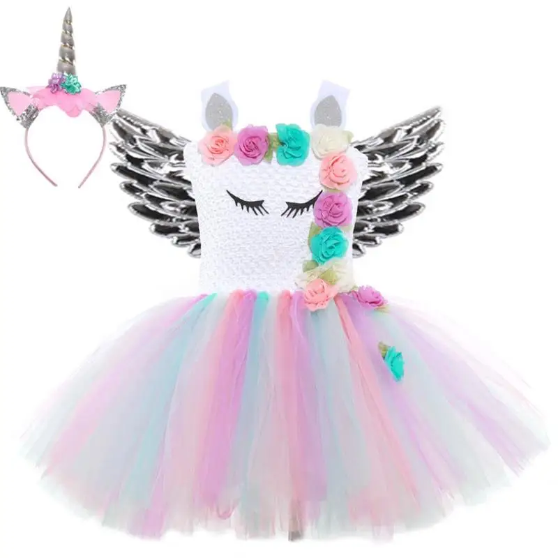Платье-пачка для девочек с единорогом цветами дня рождения Хэллоуина 2021 Clothing1-14Y |