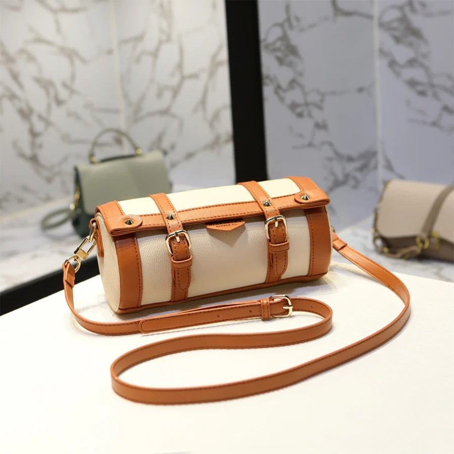 

Barrel-shaped Pu Leather Hasp Crossbody Bags For Women 2022 Fashion Patchwork Shoulder Handbags And Purses Lady Torebki Damskie