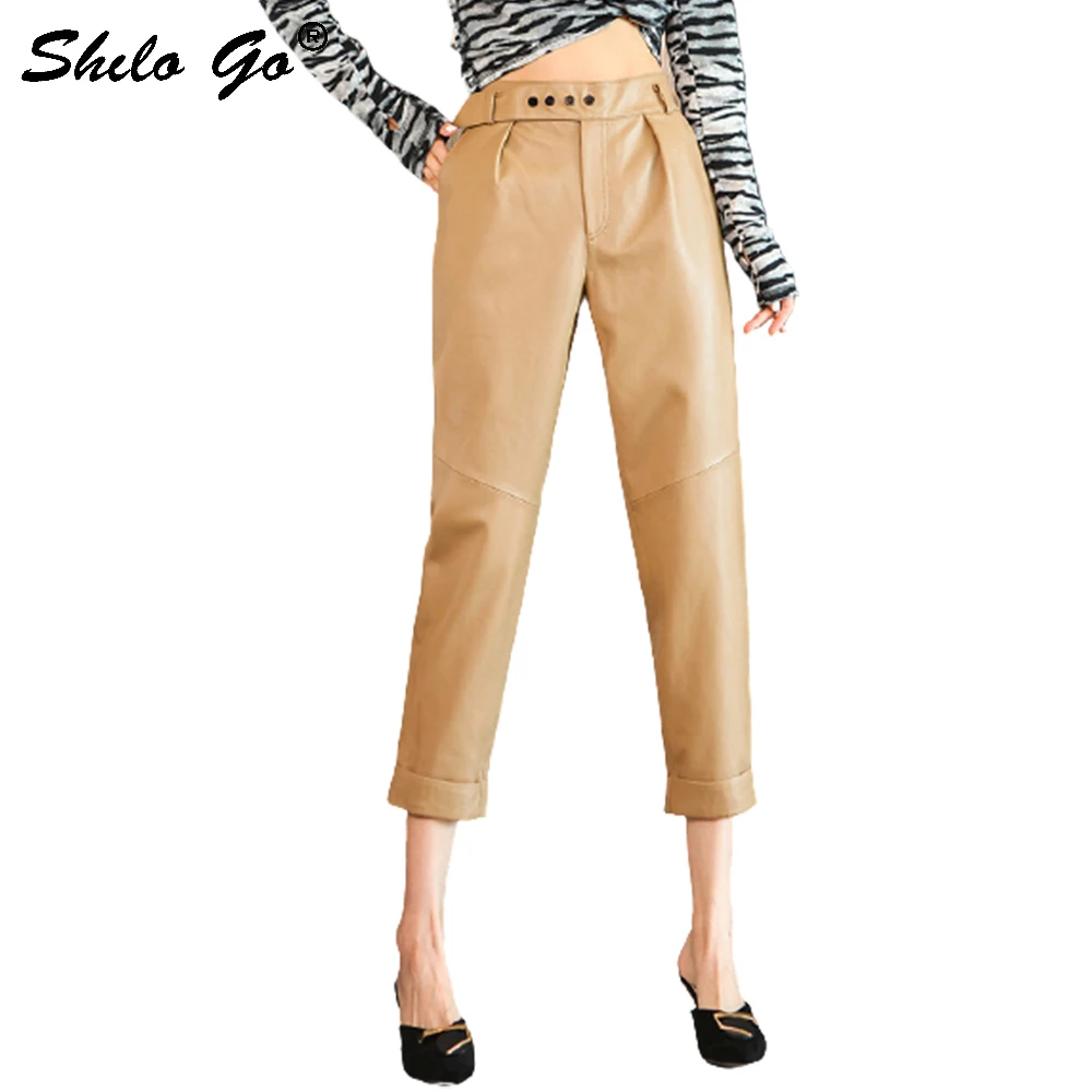 

High Waist Buttons Front Detail Pants Womens Winter Office Lady Genuine Leather Straight Pants Concise Solid Sheepskin Trousers