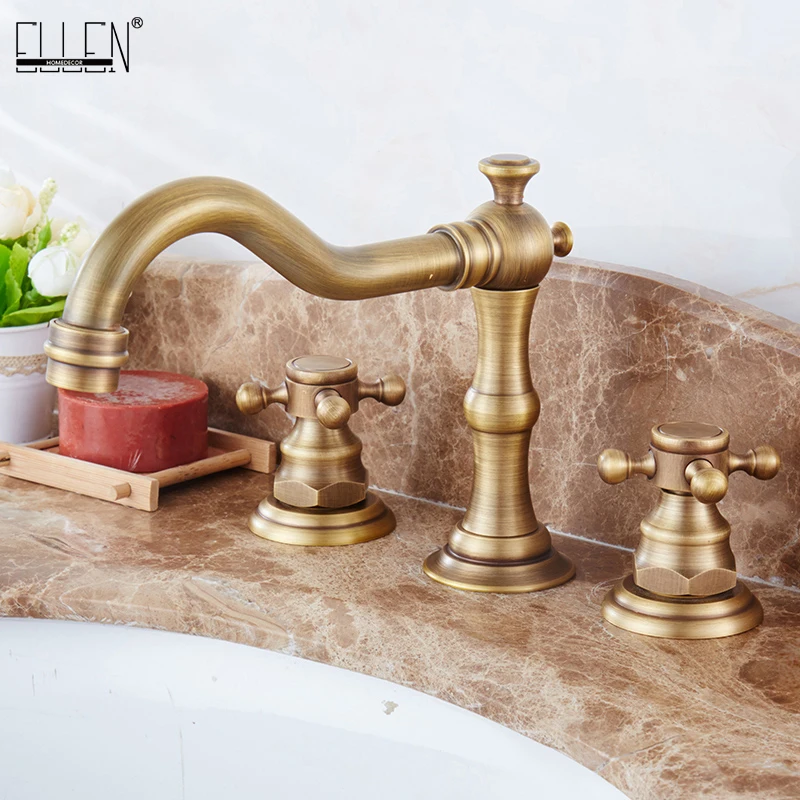 Antique Bronze Widespread Bathroom Sink Faucet 3 Hole Deck Mounted Dual Handle Hot Cold Water Mixer Tap Brush Nickel EL8001-2