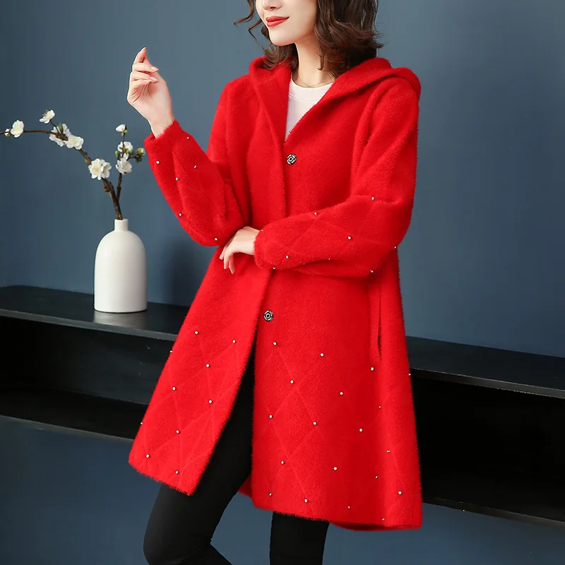 Женское длинное пальто с капюшоном теплое свободное повседневное со стразами