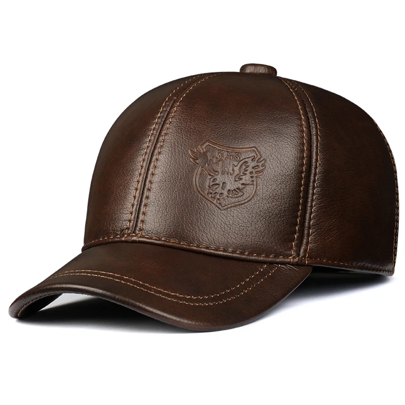 

Fashion 2021 Winter Male Genuine Leather Eagle Print 55-60CM Black/Brown Baseball Caps For Man Casual Street Gf Gorras Dad Hat