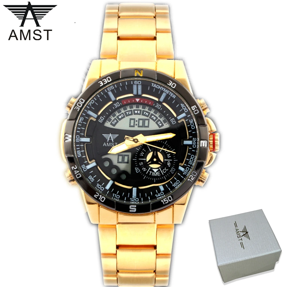 AMST золотые мужские часы водонепроницаемые из нержавеющей стали светодиодный