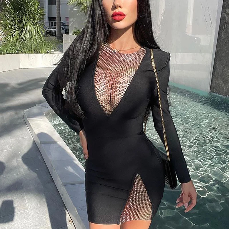 Женское ажурное платье Fantoye черное прозрачное с длинным рукавом и глубоким