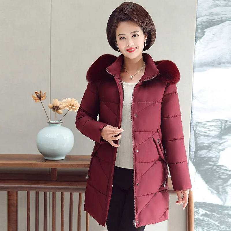 Winter jacket women's mid-length parka temperament mother wear large fur collar hooded cotton jcoat
