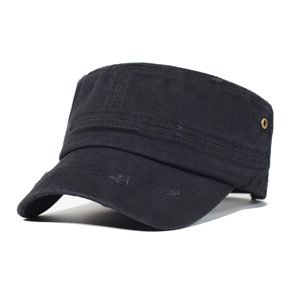 

Washed Cotton Military Caps Men Cadet Army Cap Unique Design Vintage Flat Top Hat