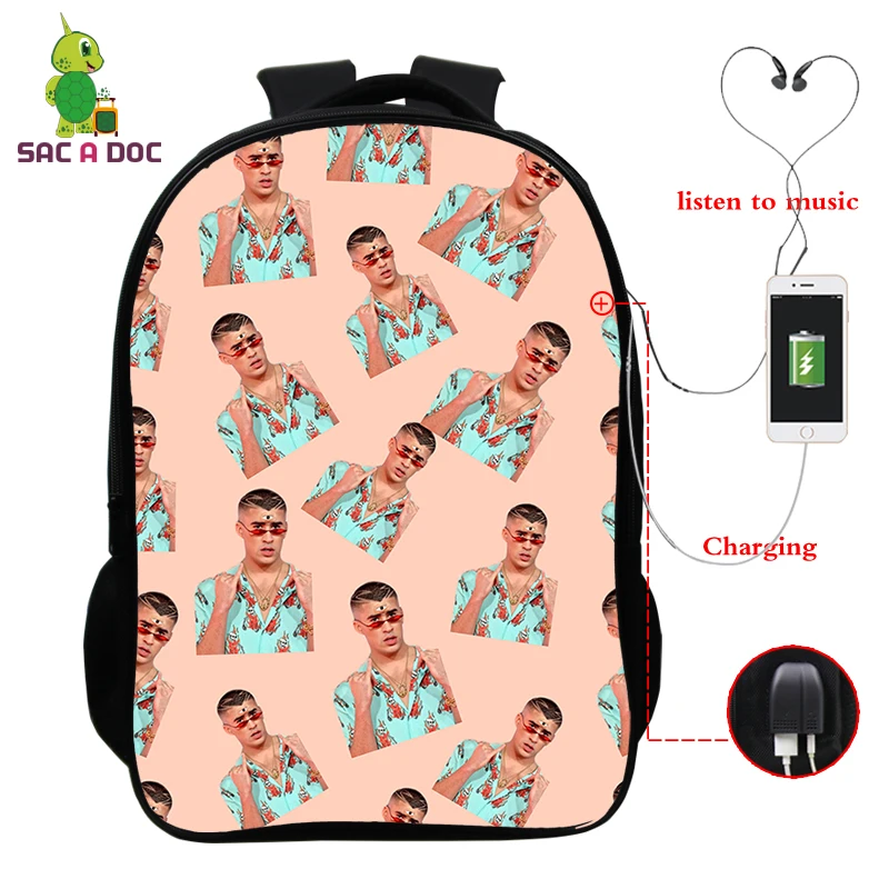 

Bad Bunny Backpacks Usb Charging Schoolbags Teenagers Hip Hop Bookbag Unisex Travel Bags 16 Inch Rucksack Boys Girls Laptop Bag