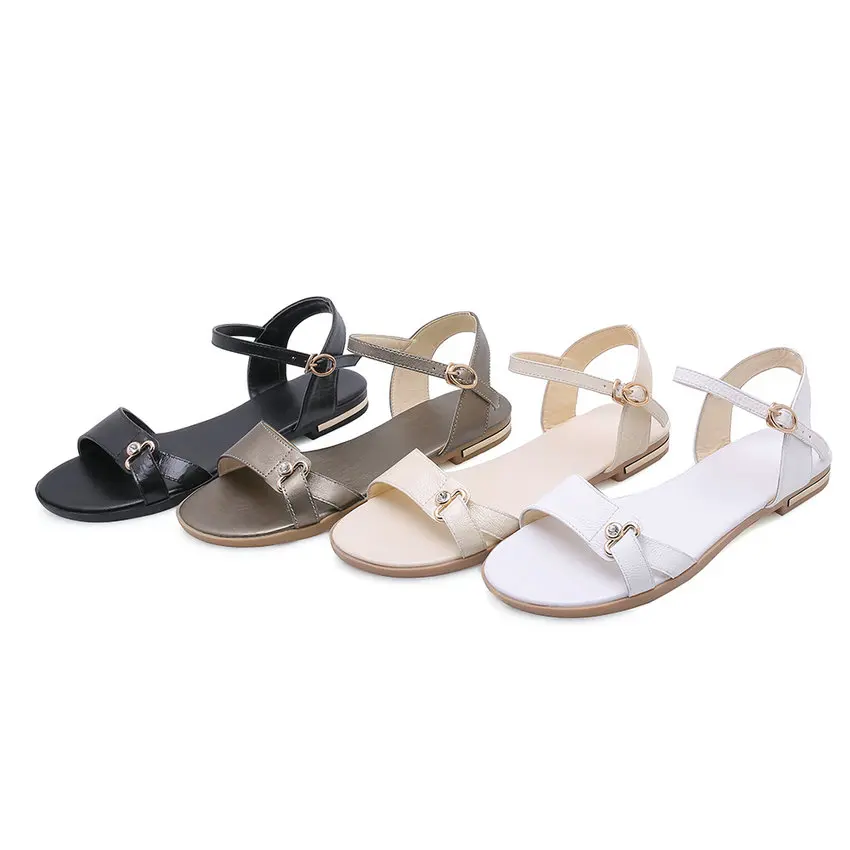 Женские босоножки на плоской подошве QUTAA цвета шампанского сандалии из бычьей и