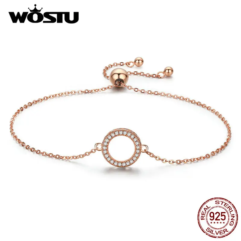 WOSTU,, 925 пробы, серебряный, розовое золото, браслет, сверкающий, Круглый, циркон, звено цепи для женщин, модное ювелирное изделие, CQB030-C