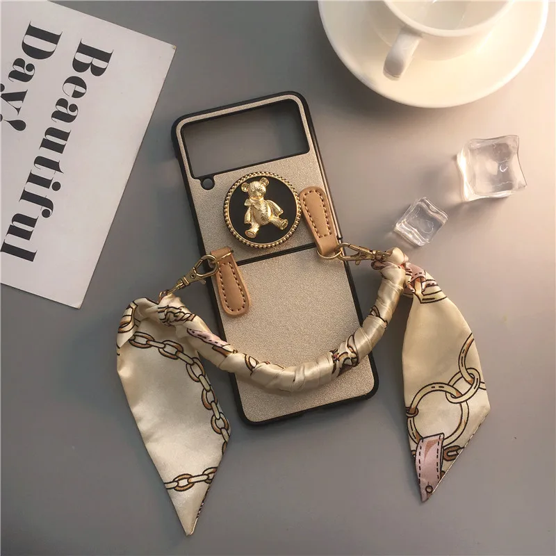 fashion silk scarf hand chain bear holder phone case for samsung galaxy z flip 3 cover free global shipping