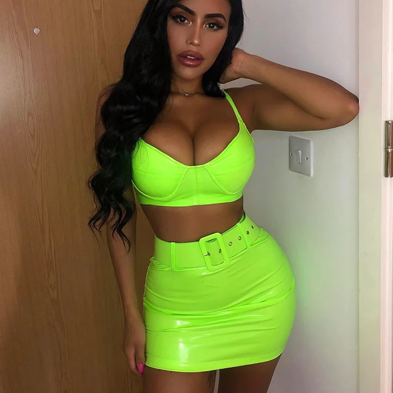 NATTEMAID Summer PU Sashes Sexy Two Pieces Set Streetwear Top And Long Pant Women Set Casual Sleeveless 2 Piece Set Women Outfit - Цвет: Зеленый