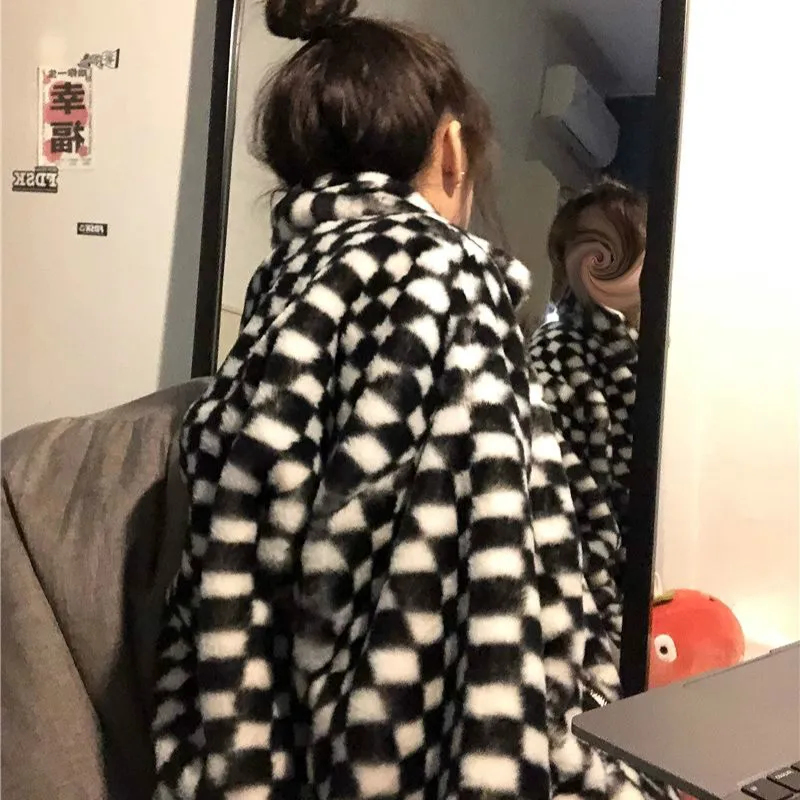 Harajuku Jackets Women Vintage Plaid Fashion Checkerboard Gothic Style Streetwear All-match Fur Jacket Goth Outwear Fur Coat y2k