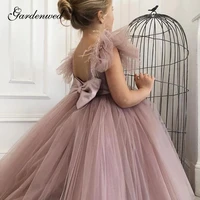 cute blush pink flower girl dresses feathers ruffle sleeves mini girls wedding party dress o neck big bow tulle communion dress