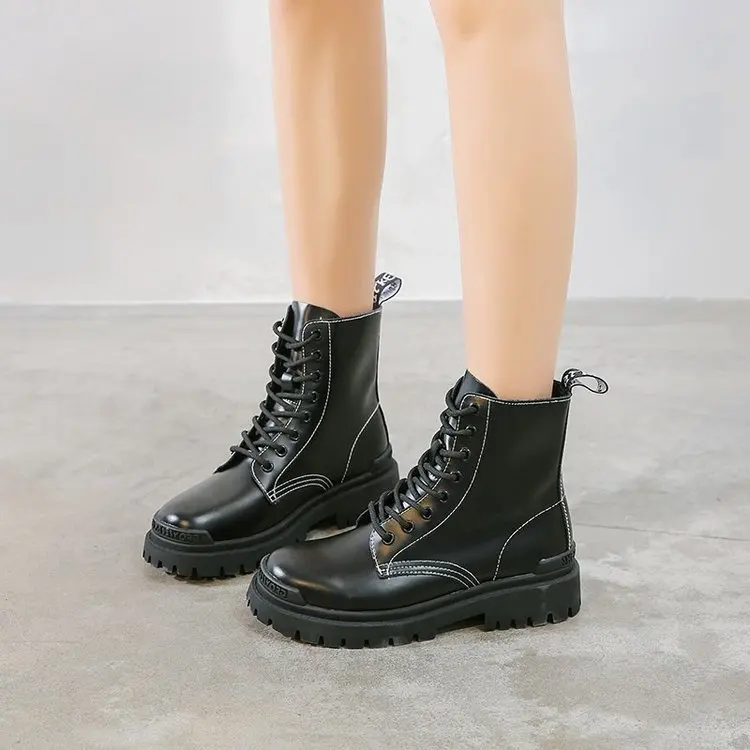 

Fashion Women Lace Up Leather Jason Martins Boots Autumn Platform Ankle Boots Ladies Worker Military Boots