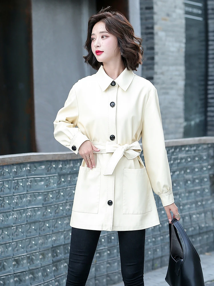 New Women Sheep Leather Jacket Spring 2022 Casual Fashion Turn-down Collar Solid Loose Sheepskin Trench Coat Leather Outerwear