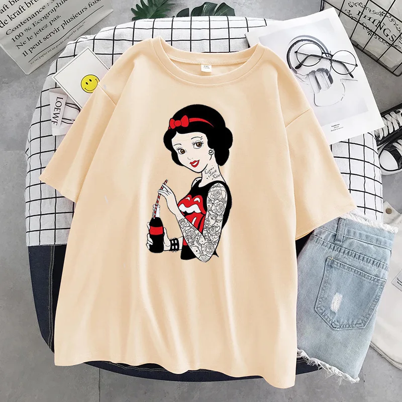

Alice In Wonderland T Shirt Women Cotton Tops Black Alice Snow White Princess Print Casual Short Sleeve 90s Vogue T-shirt Femmen