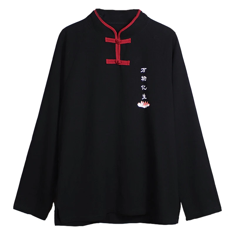 

2021 Chinese Style Large Size Print Tang Suit Hanfu Male Spring Loose Long Sleeve T Shirt Harajuku Buckle Tops Men Clothing