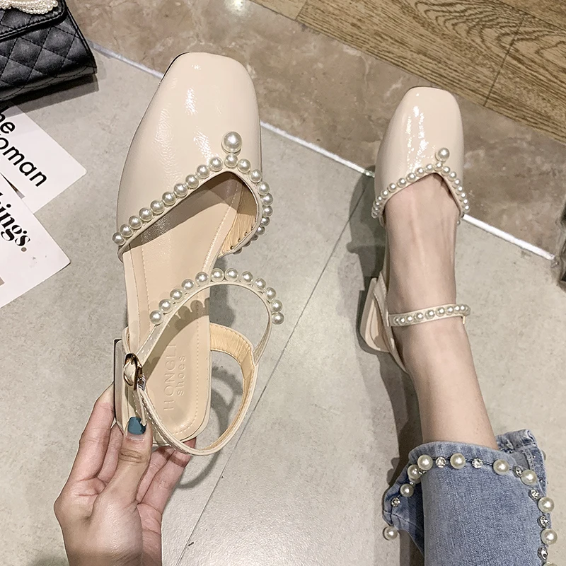 

Buckle Strap Clear Heels Closed Toe Sandals 2021 Summer Black Shoes for Women All-Match Beige New Fashion Comfort Low Girls