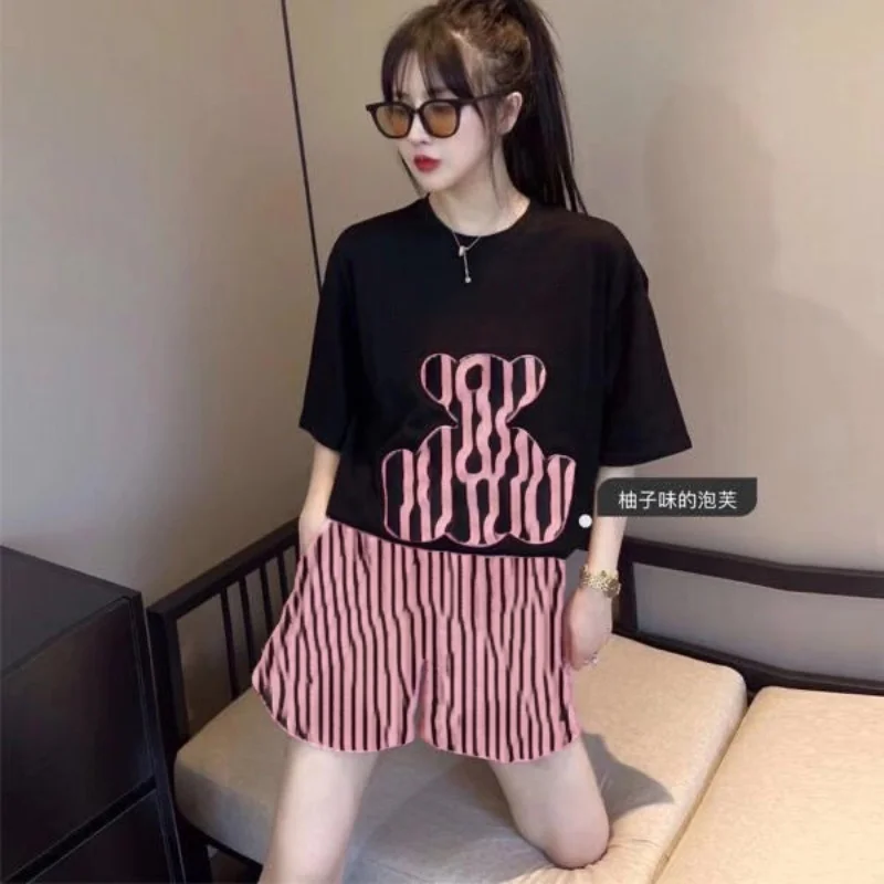 

New Summer Women Short Casual Two Piece Clothing Tracksuit Pockets Loose Shorts Set Female O-Neck Casual Sets