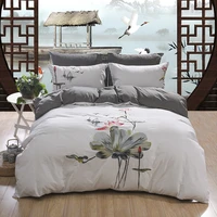 embroidered lotus washed cotton bedding set chinese style double size soft sheet set pillowcase duvet cover 46pcs for home