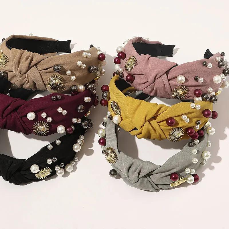 

Imitation Pearl Rhinestones Hair Hoop Women Cross Knotted Head Hoop Handmade Head Wrap Wide Side Headband Girls Hair Accessories