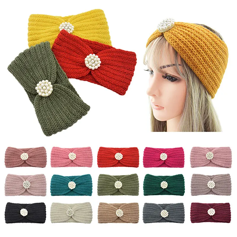 

Pearl Knitted Knot Cross Headband For Women Headwraps Autumn Winter Girls Turban Elastic Hair Bands Keep warm Hair Accessories