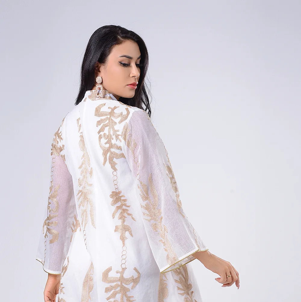 

2021 Newest Gold Sequins Embroidery Muslim Women Long Dress Real Images V Neck Long Sleeves Dubai Jalabiya dubai Arab Eid