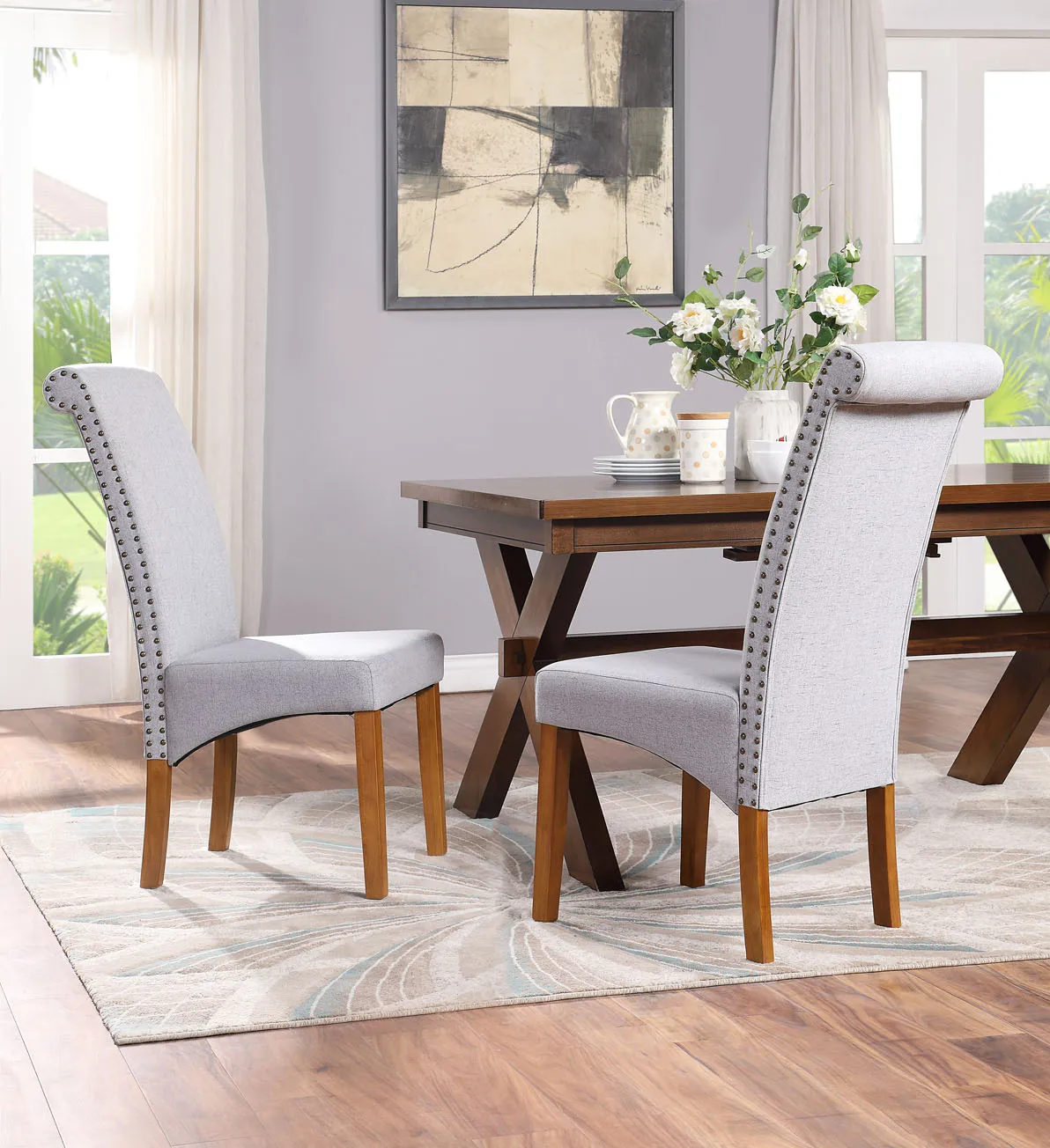 

Dining Chair Set of 2 Fabric Padded Side Chair with Solid Wood Legs, Nailed Trim(Beige)