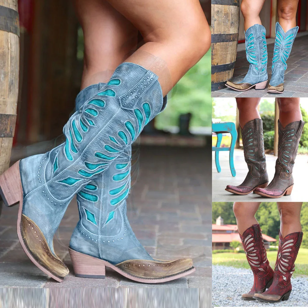 Женские слипоны с заклепками кожа низкий каблук ботфорты выше колена в