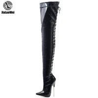jialuowei women boots sexy 18cm high heels metal thin heels woman pointed toe cross tied over knee thigh high dancing party boot