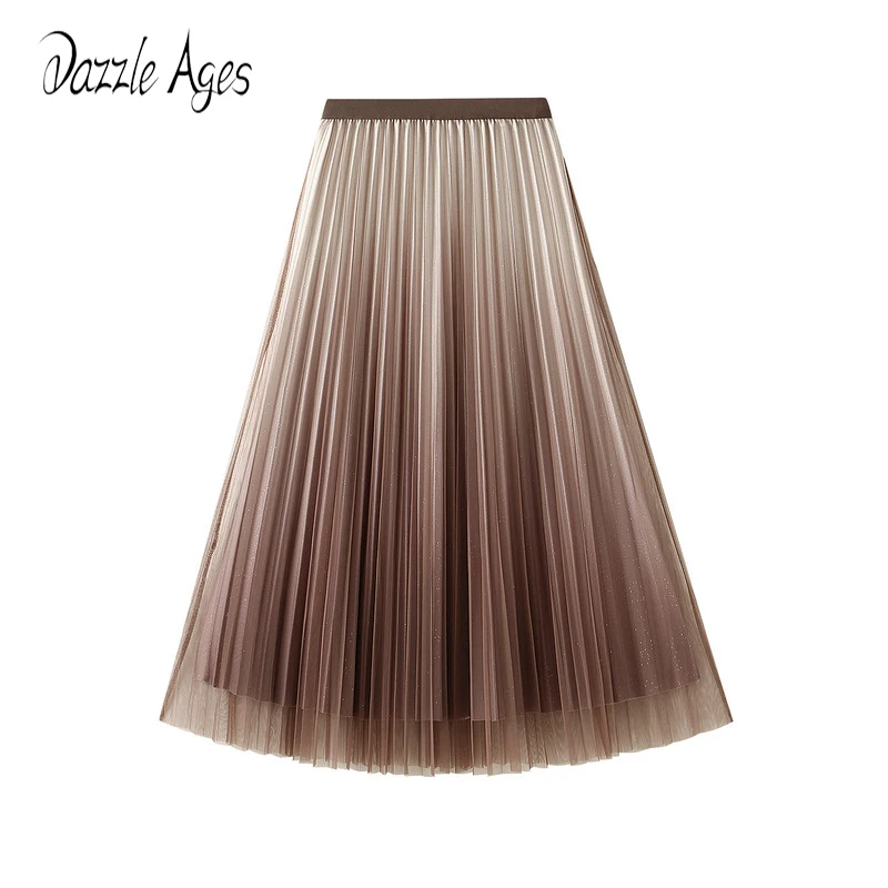 

Dazzle Ages New Women Long Pleated Skirt Chiffon Mesh Elastic High Waist Tye Dye Fashion Aesthetic Casual Midi Female Clothes