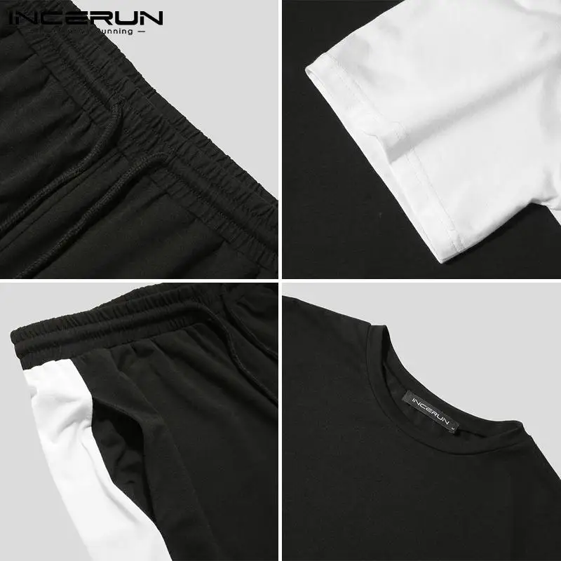 

INCERUN Fashion Men Sets Patchwork Streetwear Short Sleeve T Shirts Drawstring Shorts Cozy 2021 Men Casual Suits 2 Pieces S-5XL