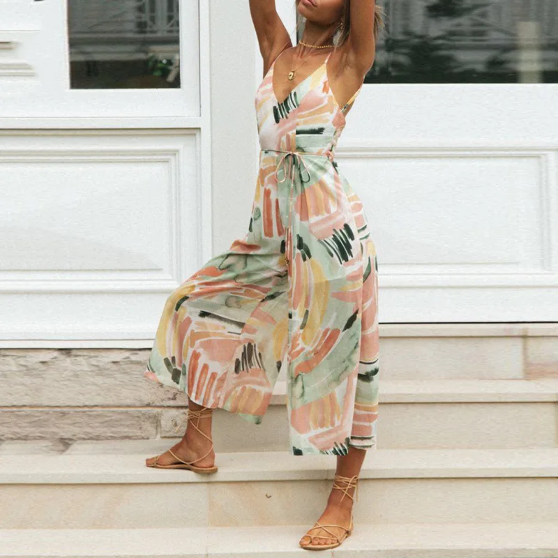 

Casual Floral Print Female Jumpsuit 2021 Loose Wide Leg Pants Women Rompers Sleeveless Backless Sexy Summer Woman Outfit