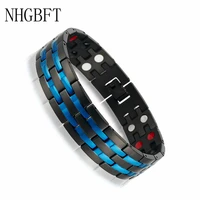 nhgbft black blue double row health care germanium magnetic bracelet mens stainless steel power therapy bracelets