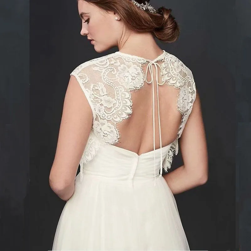 

Women Short Bridal Lace Bolero Cap Sleeve Open Back Appliques Wedding Jacket