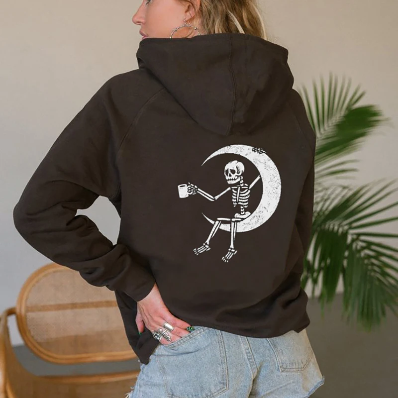 

Autumn Skeleton Moon Printed Women's Sweatshirt Vintage Fashion Thick Hoodies