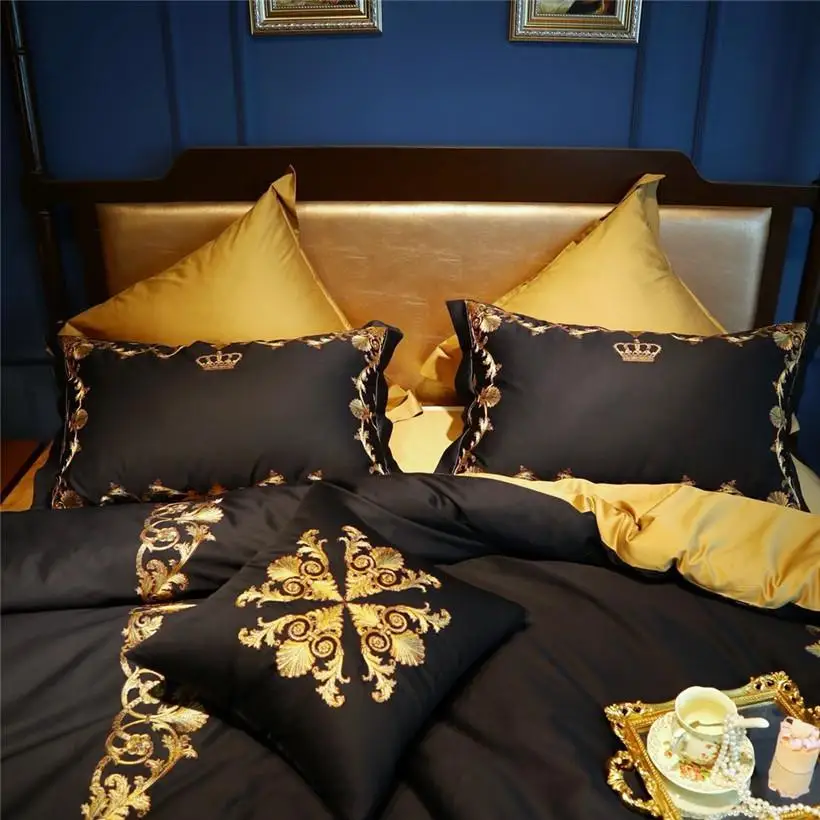 

Golden Embroidery Duvet Cover Set Black White Premium Egyptian Cotton Bedding Set Golden Bed sheet set Queen King size J/7 Pcs