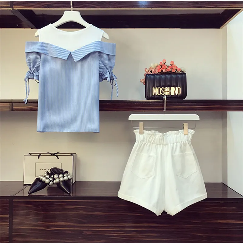 Женский дизайнерский летний комплект из 2 предметов блузка в полоску с открытыми