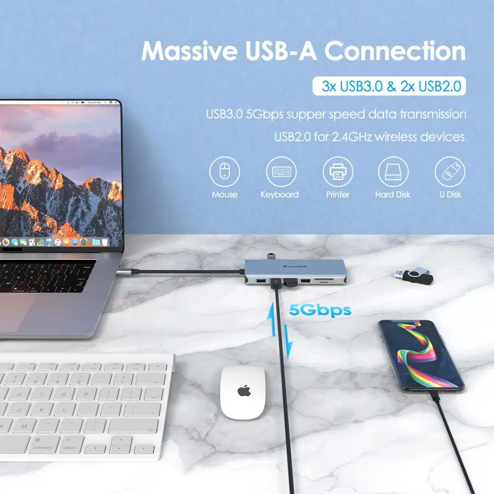 Wavlink USB-C док-станция с тройным дисплеем USB C HUB 4K 60Hz Type к HDMI DP RJ45 USB3.0 адаптер для